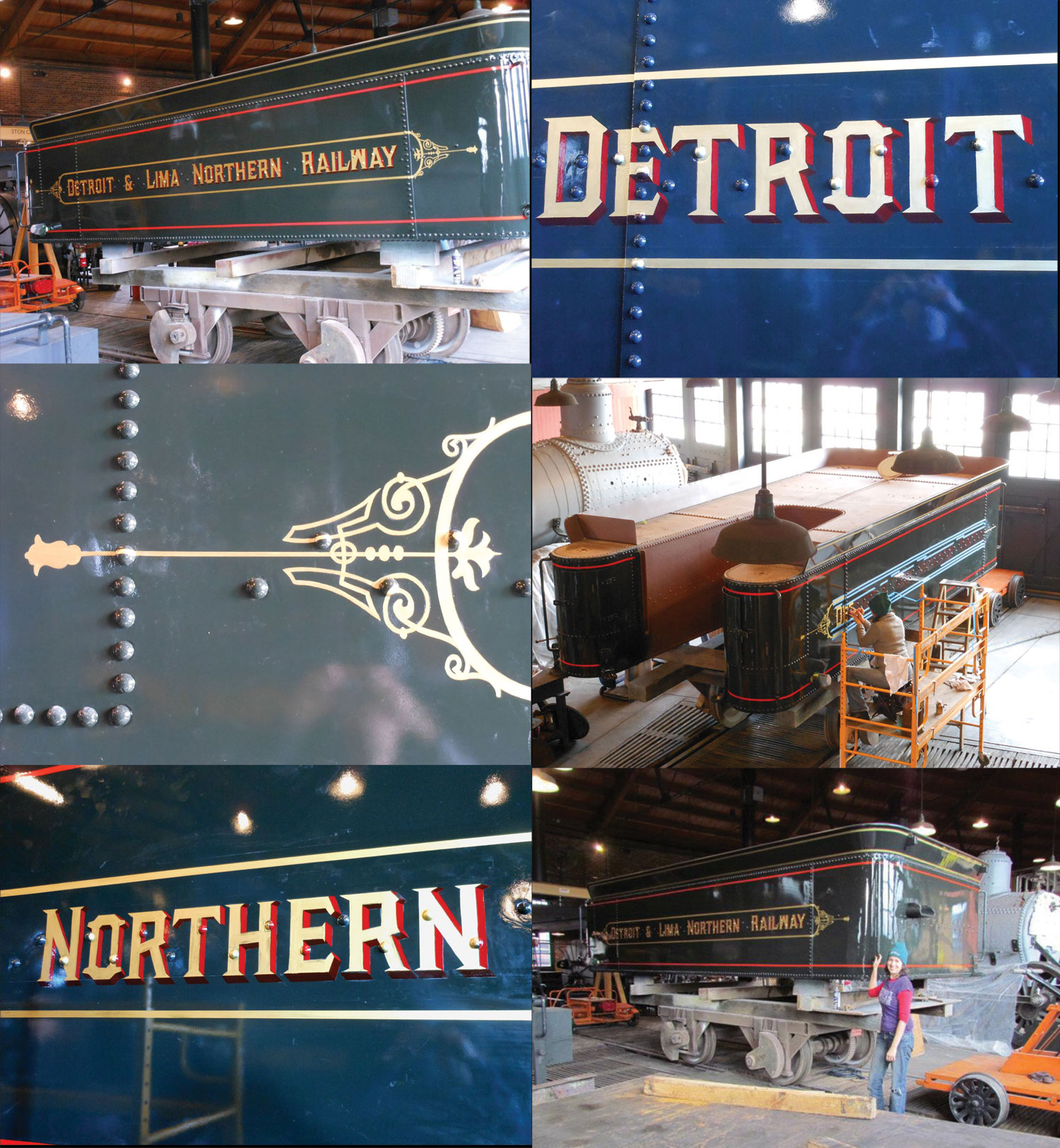 Pinstripes by Julie Fournier on an 1897 tender tank for the Detroit & Lima Northern Railway locomotive at The Henry Ford Museum